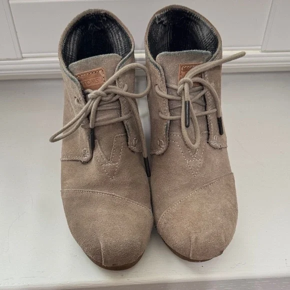 TOMS Taupe Suede Lace-Up Wedge Bootie - Picture 2 of 7